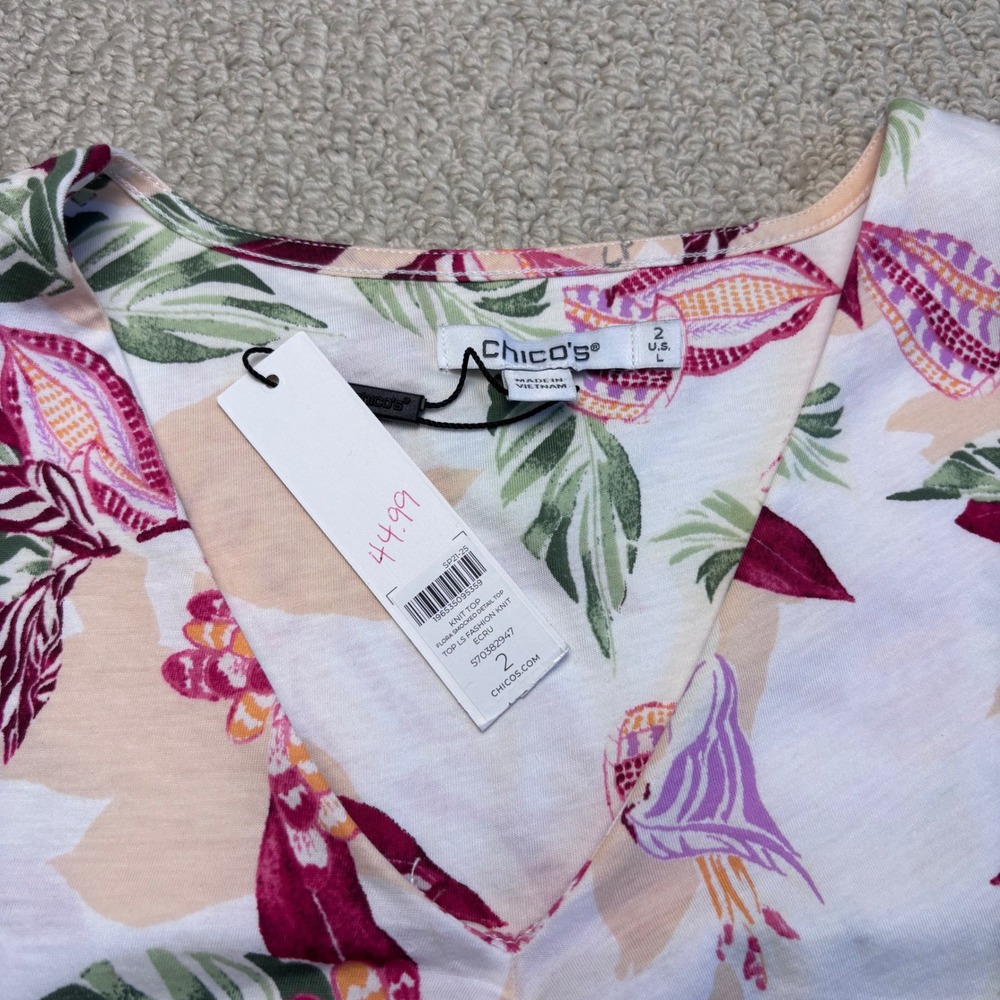 Chicos Pima Cotton Floral Smocked Long Sleeve Tee Size 2 Large Ecru Pink NWT - Picture 5 of 16